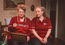 Belfast-born Melee Hutton as Francis Shields and Sarah Evans as Loretta Mackie in Shillelagh Theatre Company's February 2025 production of "Fly Me to the Moon" at the Red Sandcastle Theatre in Toronto. The two actors will reprise their roles in the Globus Theatre production of the Belfast-set dark comedy by Marie Jones, one of Northern Ireland's most internationally successful playwrights, which runs from August 5 to 15, 2026 in Bobcaygeon. (Photo: Lisa Kannako)