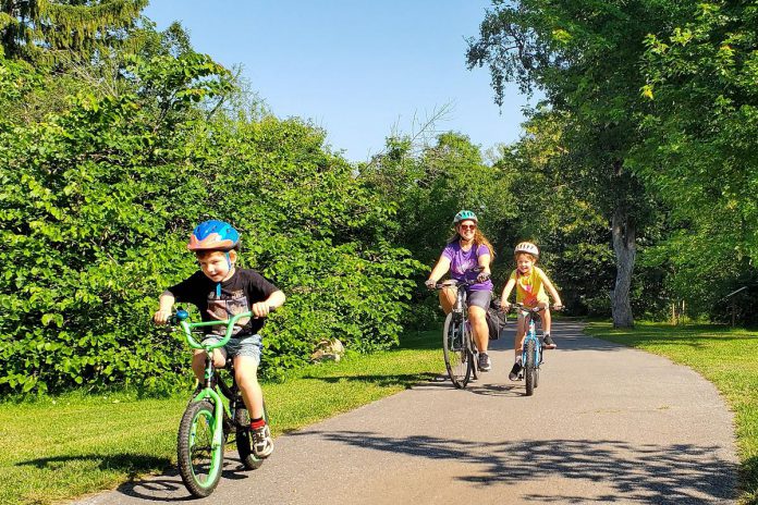 Laura, 8, and Adam, 6, are pedalling all over Peterborough with their mom Jennifer this summer as part of GreenUP's Summer Ride Club. "It's a really good habit to ... use your body to get places instead of just always driving," says Jennifer. "Building that confidence now will help them when they're older and they can be more reliant on themselves to get places." (Photo: Brett Throop / GreenUP) Laura, 8, and Adam, 6, are pedalling all over Peterborough with their mom Jennifer this summer as part of GreenUP's Summer Ride Club. "It's a really good habit to ... use your body to get places instead of just always driving," says Jennifer. "Building that confidence now will help them when they're older and they can be more reliant on themselves to get places." (Photo: Brett Throop / GreenUP)