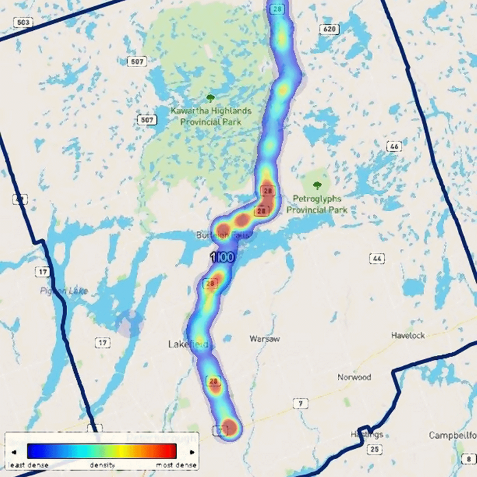 A heat map of motor vehicle collisions on Highway 28 in Peterborough County from January 1, 2020 to September 30, 2024 that was part of the Highway 28 Mayors Coalition delegation to MTO at the at the Rural Ontario Municipal Association (ROMA) on January 21, 2025.