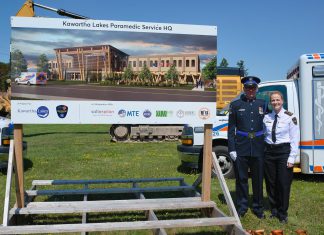 Construction begins on new $50-million Kawartha Lakes Paramedic Service headquarters in Lindsay Kawartha Lakes Paramedic Service chief Sara Johnston (right) with Kawartha Lakes Paramedic Service honour guard member Andrew Rafton during a groundbreaking ceremony at the site of the new Kawartha Lakes Paramedic Service headquarters at 230 Angeline Street South in Lindsay on August 4, 2026. (Photo: Adam Guppy)