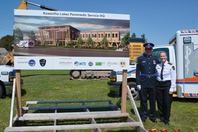 Kawartha Lakes Paramedic Service chief Sara Johnston (right) with Kawartha Lakes Paramedic Service honour guard member Andrew Rafton during a groundbreaking ceremony at the site of the new Kawartha Lakes Paramedic Service headquarters at 230 Angeline Street South in Lindsay on August 4, 2026. (Photo: Adam Guppy) Kawartha Lakes Paramedic Service chief Sara Johnston (right) with Kawartha Lakes Paramedic Service honour guard member Andrew Rafton during a groundbreaking ceremony at the site of the new Kawartha Lakes Paramedic Service headquarters at 230 Angeline Street South in Lindsay on August 4, 2026. (Photo: Adam Guppy)