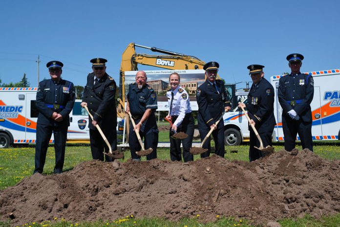 Chief Sara Johnston (middle) and members of the Kawartha Lakes Paramedic Service and honour guard participate in a groundbreaking ceremony at the site of the new Kawartha Lakes Paramedic Service headquarters at 230 Angeline Street South in Lindsay on August 4, 2026. (Photo: Adam Guppy)
