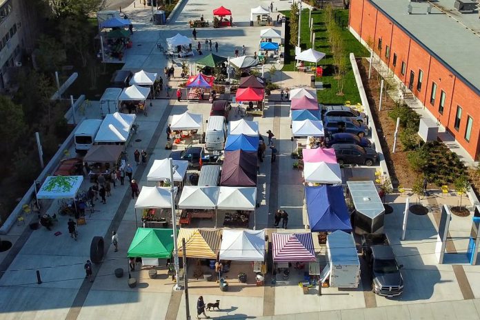 As a year-round urban market, the Peterborough Regional Farmers' Market is accessible to families and working professionals and has become a staple routine for many people. The market is held outdoors in downtown Peterborough at the courtyard of Quaker Foods City Square (pictured) on Saturdays and Wednesdays from May through October, and indoors on Saturdays at Peterborough Square from November until April. (Photo courtesy of Peterborough Regional Farmers' Market)
