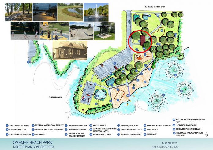 After conducting a public survey, the City of Kawartha Lakes approved relocating the historic Omemee train station to Omemee Beach Park, north of the playground. (Rendering: HM & Associates Inc. for City of Kawartha Lakes)