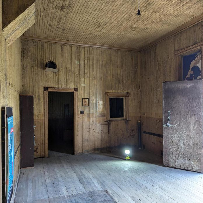The wooden interior of the historic Omemee train station. Although Omemee was served by a railway starting in 1857 and had several train stations, the current station was built around 1908 and served as a train station until passenger service ended in 1962. (Photo courtesy of Omemee & District Lions Club)