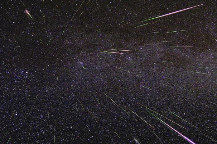 A time-lapse photo of an outburst of Perseid meteors in August 2009. (Photo: NASA/JPL)