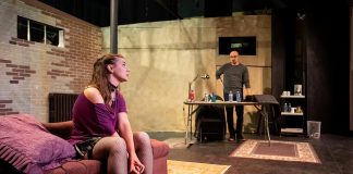 Carissa Kaye and John Austin as actress Vanda Jordan and director Thomas Novachek during a rehearsal for the Peterborough Theatre Guild's season-opening production of the psychological drama "Venus in Fur" by American playwright David Ives. Directed by Lisa Dixon, the play runs for 10 performances from September 18 to October 3, 2026. (Photo: Jordan Lyall Photography)