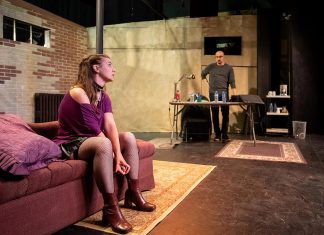 Carissa Kaye and John Austin as actress Vanda Jordan and director Thomas Novachek during a rehearsal for the Peterborough Theatre Guild's season-opening production of the psychological drama "Venus in Fur" by American playwright David Ives. Directed by Lisa Dixon, the play runs for 10 performances from September 18 to October 3, 2026. (Photo: Jordan Lyall Photography)