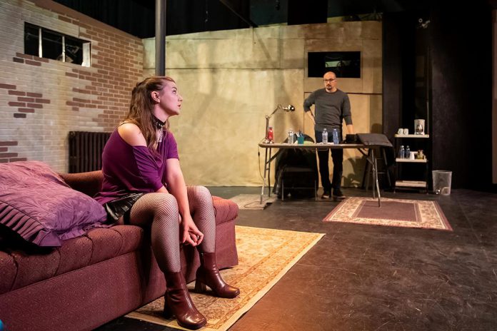 Carissa Kaye and John Austin as actress Vanda Jordan and director Thomas Novachek during a rehearsal for the Peterborough Theatre Guild's season-opening production of the psychological drama "Venus in Fur" by American playwright David Ives. Directed by Lisa Dixon, the play runs for 10 performances from September 18 to October 3, 2026. (Photo: Jordan Lyall Photography)