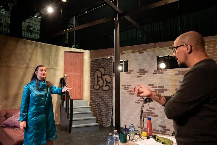 Carissa Kaye and John Austin during a rehearsal for the Peterborough Theatre Guild's season-opening production of the psychological drama "Venus in Fur" by American playwright David Ives. Directed by Lisa Dixon, the play runs for 10 performances from September 18 to October 3, 2026. (Photo: Jordan Lyall Photography)