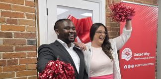 United Way Peterborough & District's new CEO Jason Seguya with Tiffany Arcari during the announcement of Arcari as the 2026-27 campaign cabinet chair on July 15, 2026. (Photo: Jeannine Taylor / kawarthaNOW)