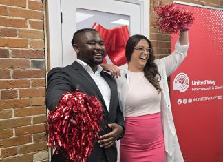 United Way Peterborough & District's new CEO Jason Seguya with Tiffany Arcari during the announcement of Arcari as the 2026-27 campaign cabinet chair on July 15, 2026. (Photo: Jeannine Taylor / kawarthaNOW)