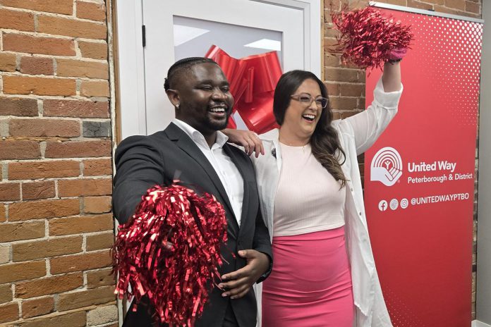 United Way Peterborough & District's new CEO Jason Seguya with Tiffany Arcari during the announcement of Arcari as the 2026-27 campaign cabinet chair on July 15, 2026. (Photo: Jeannine Taylor / kawarthaNOW)
