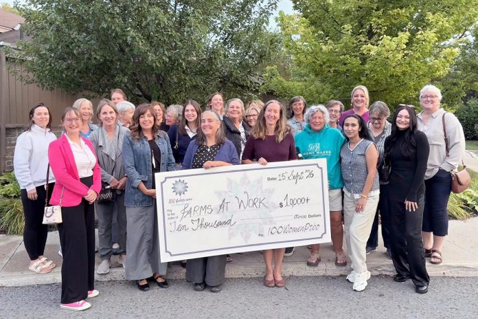 Members of 100 Women Peterborough outside Ashburnham Funeral Home & Reception Centre on September 15, 2026, where they presented a $10,000-plus cheque to Farms at Work, representing the collective donations of the members of the group. (Photo courtesy of 100 Women Peterborough)