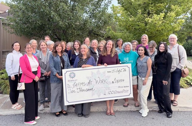 Members of 100 Women Peterborough outside Ashburnham Funeral Home & Reception Centre on September 15, 2026, where they presented a $10,000-plus cheque to Farms at Work, representing the collective donations of the members of the group. (Photo courtesy of 100 Women Peterborough)