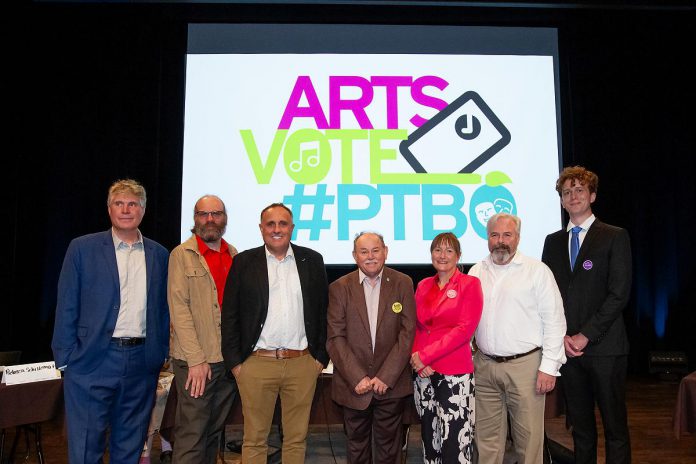 Peterborough mayoral candidates Michael Eamon, Rob Hailman, Neil Morton, Keith Riel, Rebecca Schillemat, Brian Lumsden, and Jacob Méthot on stage at Market Hall Performing Arts Centre for ArtsVote Peterborough 2026, hosted by the Electric City Culture Council (EC3) on Wednesday, September 23. (Photo: Jordan Lyall / kawarthaNOW)