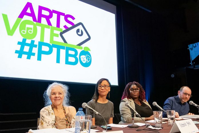 Moderated by Electric City Culture Council (EC3) executive director Su Ditta (far left), ArtsVote Peterborough 2026 on Wednesday, September 23 at Market Hall Performing Arts Centre included a panel comprised of EC3 board member Victoria Yeh, author Bola Abodunrin, and New Stages Theatre artistic director Mark Wallace. (Photo: Jordan Lyall / kawarthaNOW)
