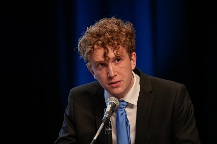 Peterborough mayoral candidate Jacob Méthot at ArtsVote Peterborough 2026, hosted by the Electric City Culture Council (EC3) on Wednesday, September 23 at Market Hall Performing Arts Centre in downtown Peterborough. (Photo: Jordan Lyall / kawarthaNOW)