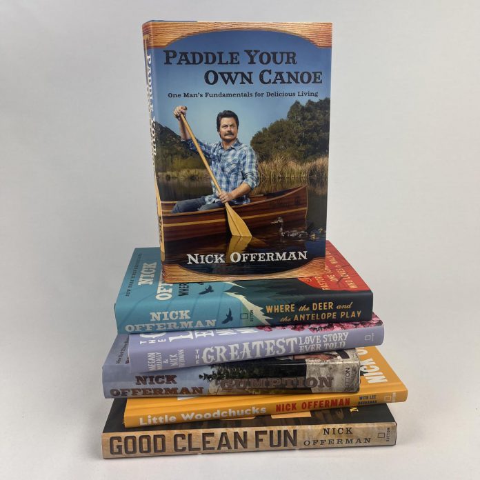 Signed books by actor and author Nick Offerman, known for the popular television comedy series "Parks and Recreation," will be up for bid during the Lakeside Gala at The Canadian Canoe Museum on October 3, 2026. Offerman, who has contributed an audio clip for an exhibit at the Museum, learned to build wooden canoes from the team at Bear Mountain Boats. (Photo courtesy of The Canadian Canoe Museum)