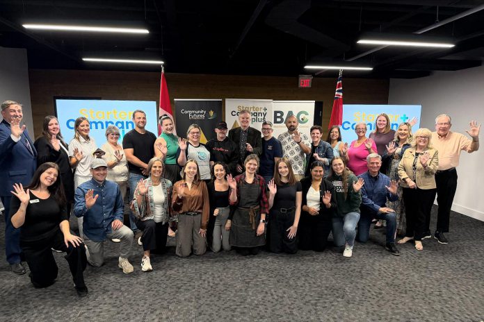 Peterborough-Kawartha MPP Dave Smith and Business Advisory Centre manager Rosalea Terry (back and front row, far left) and Peterbough County warden Bonnie Clark and City of Peterborough mayor Jeff Leal (front and back row, far right) with the successful applicants for the 2026 cohort of the Starter Company Plus program at Community Futures Peterborough on September 16, 2026. (Photo courtesy of Community Futures Peterborough)