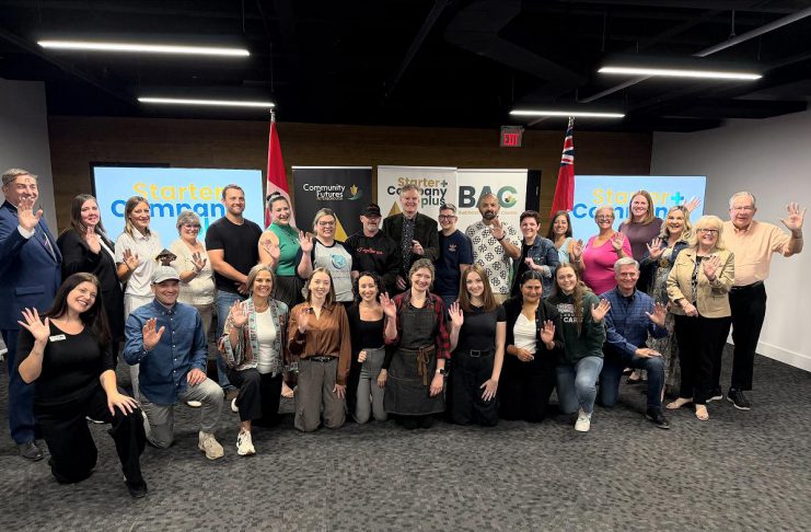 Peterborough-Kawartha MPP Dave Smith and Business Advisory Centre manager Rosalea Terry (back and front row, far left) and Peterbough County warden Bonnie Clark and City of Peterborough mayor Jeff Leal (front and back row, far right) with the successful applicants for the 2026 cohort of the Starter Company Plus program at Community Futures Peterborough on September 16, 2026. (Photo courtesy of Community Futures Peterborough)