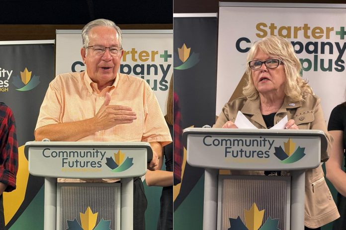 City of Peterborough mayor Jeff Leal and Peterbough County warden Bonnie Clark make remarks during the announcement of the successful applicants for the 2026 cohort of the Starter Company Plus program at Community Futures Peterborough on September 16, 2026. In addition to provincial funding, the Business Advisory Centre also receives operational funding from the city and county of Peterborough. (Photo courtesy of Community Futures Peterborough)