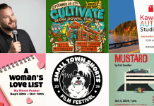 encoreNOW for September 21, 2026 features (from left to right, top and bottom) Jeff Leeson at Lindsay's FLATO Academy Theatre, Cultivate Festival in Port Hope, the Kawartha Autumn Studio Tour in the city and county of Peterborough, "A Woman's Love List" at Bobcaygeon's Globus Theatre, the Small Town Shorts Film Festival at Campbellford's Aron Theatre, and New Stages Theatre's staged reading of "Mustard" at the Market Hall in Peterborough. (kawarthaNOW collage)