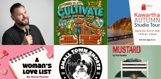 encoreNOW for September 21, 2026 features (from left to right, top and bottom) Jeff Leeson at Lindsay's FLATO Academy Theatre, Cultivate Festival in Port Hope, the Kawartha Autumn Studio Tour in the city and county of Peterborough, "A Woman's Love List" at Bobcaygeon's Globus Theatre, the Small Town Shorts Film Festival at Campbellford's Aron Theatre, and New Stages Theatre's staged reading of "Mustard" at the Market Hall in Peterborough. (kawarthaNOW collage)