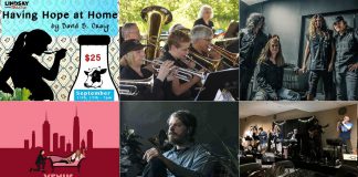 encoreNOW for September 7, 2026 features (from left to right, top and bottom) "Having Hope at Home" at Lindsay Little Theatre, Big Band Day at Peterborough's Millennium Park, the Killer Dwarfs at Lindsay's Academy Theatre, "Venus in Fur" at the Peterborough Theatre Guild, The Deep Dark Woods at The Canadian Canoe Museum in Peterborough, and Foley's East Coast Pub in the Cogeco Studio at Showplace Performance Centre in downtown Peterborough. (kawarthaNOW collage)