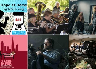 encoreNOW – September 7, 2026 encoreNOW for September 7, 2026 features (from left to right, top and bottom) "Having Hope at Home" at Lindsay Little Theatre, Big Band Day at Peterborough's Millennium Park, the Killer Dwarfs at Lindsay's Academy Theatre, "Venus in Fur" at the Peterborough Theatre Guild, The Deep Dark Woods at The Canadian Canoe Museum in Peterborough, and Foley's East Coast Pub in the Cogeco Studio at Showplace Performance Centre in downtown Peterborough. (kawarthaNOW collage)