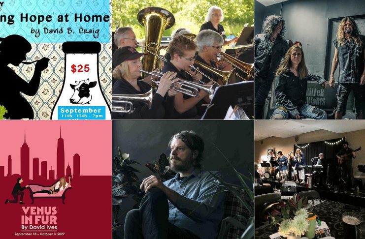 encoreNOW – September 7, 2026 encoreNOW for September 7, 2026 features (from left to right, top and bottom) "Having Hope at Home" at Lindsay Little Theatre, Big Band Day at Peterborough's Millennium Park, the Killer Dwarfs at Lindsay's Academy Theatre, "Venus in Fur" at the Peterborough Theatre Guild, The Deep Dark Woods at The Canadian Canoe Museum in Peterborough, and Foley's East Coast Pub in the Cogeco Studio at Showplace Performance Centre in downtown Peterborough. (kawarthaNOW collage)