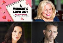 Sarah Quick, Elana Post, and Allan Cooke star in Globus Theatre's production of Norm Foster's romantic comedy "A Woman's Love List," which runs from September 30 to October 10, 2026 in Bobcaygeon. (kawarthaNOW collage of supplied photos)