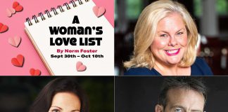 Sarah Quick, Elana Post, and Allan Cooke star in Globus Theatre's production of Norm Foster's romantic comedy "A Woman's Love List," which runs from September 30 to October 10, 2026 in Bobcaygeon. (kawarthaNOW collage of supplied photos)