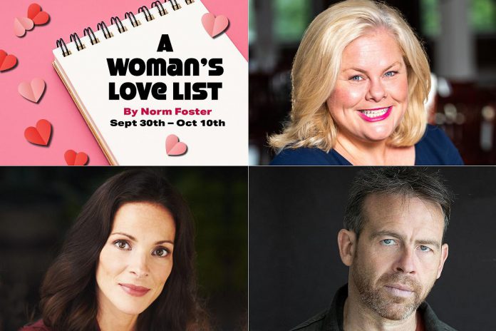 Sarah Quick, Elana Post, and Allan Cooke star in Globus Theatre's production of Norm Foster's romantic comedy "A Woman's Love List," which runs from September 30 to October 10, 2026 in Bobcaygeon. (kawarthaNOW collage of supplied photos)