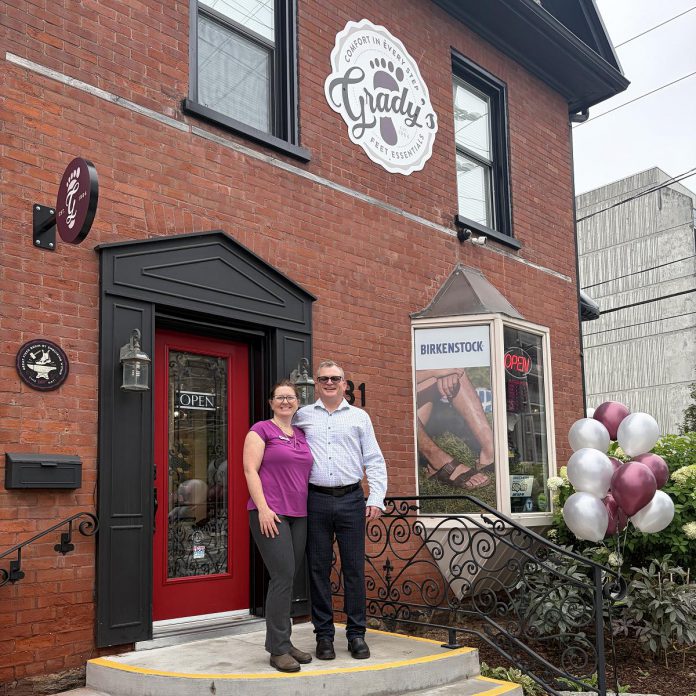 Theresa Thibadeau and Mark Walsh, the new owners of Grady's Feet Essentials at 231 King Street in downtown Peterborough. Previously a Grady's employee, Thibadeau says she has dreamed of owning her own store for a long time. Walsh has more than 20 years of automotive-industry experience and plans to expand the store's safety-footwear selection, and is also training to provide Birkenstock repair and Blundstone care services. (Photo courtesy of Grady's Feet Essentials)