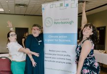 "Climate action is good for business." Peterborough and Kawarthas Chamber of Commerce president and CEO Brenda Whitehead (middle) with Peterborough County economic development manager Rhonda Keenan (left) and Jigsaw Organizing Solutions founder and Women's Business Network of Peterborough treasurer Adeilah Dahlke (right) celebrating sustainable leaders in the community at an event hosted by Green Economy Peterborough in June 2026. (Photo: Heather Doughty)