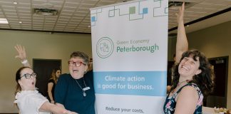A healthy environment is the foundation of a thriving economy in Peterborough and the Kawarthas "Climate action is good for business." Peterborough and Kawarthas Chamber of Commerce president and CEO Brenda Whitehead (middle) with Peterborough County economic development manager Rhonda Keenan (left) and Jigsaw Organizing Solutions founder and Women's Business Network of Peterborough treasurer Adeilah Dahlke (right) celebrating sustainable leaders in the community at an event hosted by Green Economy Peterborough in June 2026. (Photo: Heather Doughty)