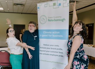A healthy environment is the foundation of a thriving economy in Peterborough and the Kawarthas "Climate action is good for business." Peterborough and Kawarthas Chamber of Commerce president and CEO Brenda Whitehead (middle) with Peterborough County economic development manager Rhonda Keenan (left) and Jigsaw Organizing Solutions founder and Women's Business Network of Peterborough treasurer Adeilah Dahlke (right) celebrating sustainable leaders in the community at an event hosted by Green Economy Peterborough in June 2026. (Photo: Heather Doughty)