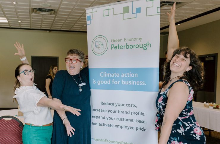 A healthy environment is the foundation of a thriving economy in Peterborough and the Kawarthas "Climate action is good for business." Peterborough and Kawarthas Chamber of Commerce president and CEO Brenda Whitehead (middle) with Peterborough County economic development manager Rhonda Keenan (left) and Jigsaw Organizing Solutions founder and Women's Business Network of Peterborough treasurer Adeilah Dahlke (right) celebrating sustainable leaders in the community at an event hosted by Green Economy Peterborough in June 2026. (Photo: Heather Doughty)