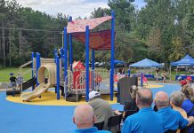 Julie Grant speaks at Ennismore Waterfront Park on September 4, 2026 during the grand opening of Jude's Joy, the first barrier-free playground in Selwyn Township. The playground is named after her son Jude, who has cerebral palsy and developmental delays, and follows Grant's successful campaign to raise $250,000 to build a playground that is accessible for all children regardless of their abilities. (Photo courtesy of Selwyn Township)