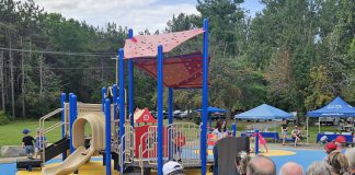 Julie Grant speaks at Ennismore Waterfront Park on September 4, 2026 during the grand opening of Jude's Joy, the first barrier-free playground in Selwyn Township. The playground is named after her son Jude, who has cerebral palsy and developmental delays, and follows Grant's successful campaign to raise $250,000 to build a playground that is accessible for all children regardless of their abilities. (Photo courtesy of Selwyn Township)