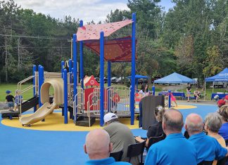 Julie Grant speaks at Ennismore Waterfront Park on September 4, 2026 during the grand opening of Jude's Joy, the first barrier-free playground in Selwyn Township. The playground is named after her son Jude, who has cerebral palsy and developmental delays, and follows Grant's successful campaign to raise $250,000 to build a playground that is accessible for all children regardless of their abilities. (Photo courtesy of Selwyn Township)