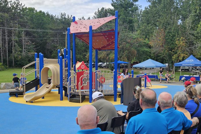 Julie Grant speaks at Ennismore Waterfront Park on September 4, 2026 during the grand opening of Jude's Joy, the first barrier-free playground in Selwyn Township. The playground is named after her son Jude, who has cerebral palsy and developmental delays, and follows Grant's successful campaign to raise $250,000 to build a playground that is accessible for all children regardless of their abilities. (Photo courtesy of Selwyn Township)
