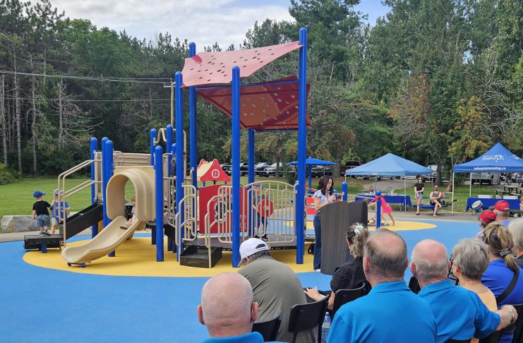 Julie Grant speaks at Ennismore Waterfront Park on September 4, 2026 during the grand opening of Jude's Joy, the first barrier-free playground in Selwyn Township. The playground is named after her son Jude, who has cerebral palsy and developmental delays, and follows Grant's successful campaign to raise $250,000 to build a playground that is accessible for all children regardless of their abilities. (Photo courtesy of Selwyn Township)