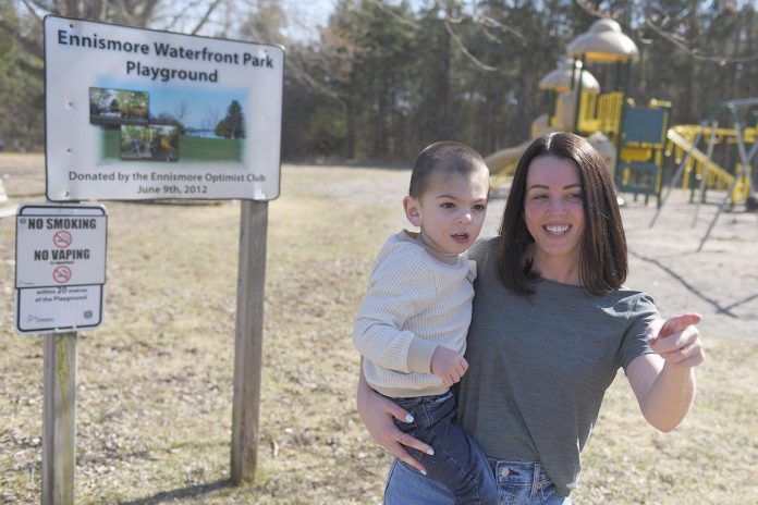 Julie Grant with her son Jude at Ennismore Waterfront Park during the $250,000 campaign to build Jude's Joy, the first barrier-free playground in Selwyn Township. (Photo courtesy of Ennismore Inclusive Playground Project)