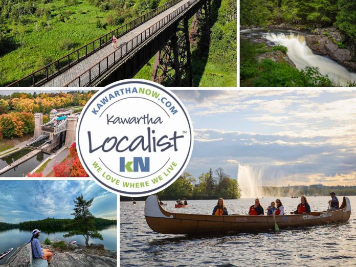 This edition of kawarthaNOW's "Kawartha Localist" editorial series features end-of-summer bucket list across the Kawarthas, including Silent Lake Provincial Park, The Canadian Canoe Museum, the Ranney Gorge Suspension Bridge, Ganaraska Forest, Algonquin Provincial Park's South Gate, Sanctuary Flower Fields, The Gut, Haliburton Sculpture Forest, Doube's Trestle Bridge, Liftlock Cruises, and more. (kawarthaNOW collage)