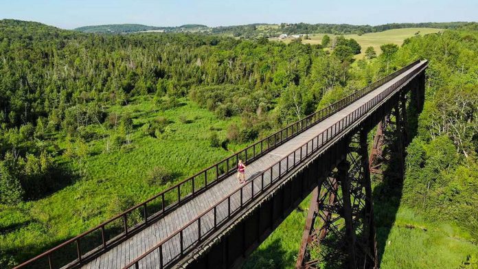 Also known as Orange Corners Trestle Bridge, Doube's Trestle Bridge between Peterborough and Omemee is a favourite spot for cyclists, hikers, and snowmobilers. Originally constructed in 1883 for the Midland Railway's route between Peterborough and Lindsay, the 175-metre bridge offers stunning views of the Buttermilk Valley and is on the Kawartha Trans-Canada Trail. (Photo: Rodney Fuentes)