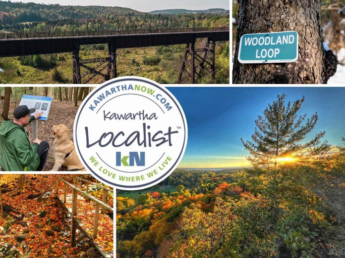 This edition of kawarthaNOW's "Kawartha Localist" editorial series features 15 destinations for scenic trails in the greater Kawarthas region, including the Northumberland County Forest, Balsam Lake Provincial Park, Eagle's Nest Park, Peter's Woods Provincial Park, Doube's Trestle Bridge, Jackson Creek Trail, Kawartha Highlands Provincial Park, Stony Lake Trails, McGeachie Conservation Area, Mark S. Burnham Provincial Park, James Cooper Lookout Trail, Ken Reid Conservation Area, Robert Johnston EcoForest Trails, Dahl Forest, and Trent University's Wildlife Sanctuary Nature Area. (kawarthaNOW collage)