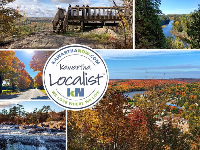This edition of kawarthaNOW's "Kawartha Localist" editorial series features scenic destinations across the Kawarthas to enjoy the fall colours, including Skyline Park in Haliburton County, Burleigh Falls in Peterborough County, Warsaw Caves Conservation Area in Peterborough County, Eagle's Nest Park in Hastings Highlands, Windy Ridge Conservation Area and Fleetwood Creek Nature Area in Kawartha Lakes, Rice Lake in Northumberland County, Panorama Park Lookout in Haliburton County, Kamaniskeg Lake lookout in Combermere east of Hastings Highlands, and more. (kawarthaNOW collage)