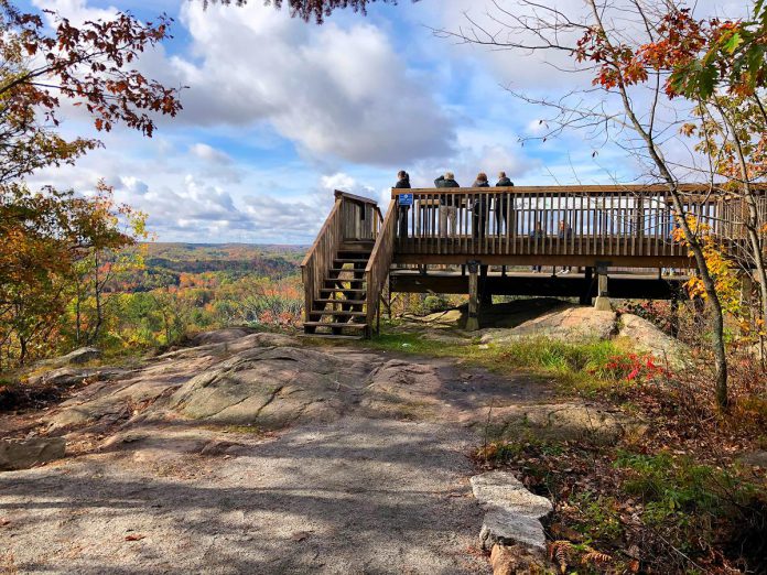 Eagle's Nest Park in Hastings County was named for a pair of eagles that originally nested in one of the park's pine trees. Today, it features six easy to difficult trails across a variety of ecosystems, with a breathtaking lookout over Bancroft just 260 metres into the Hawkwatch Accessible Trail. (Photo: Doors Open Ontario)